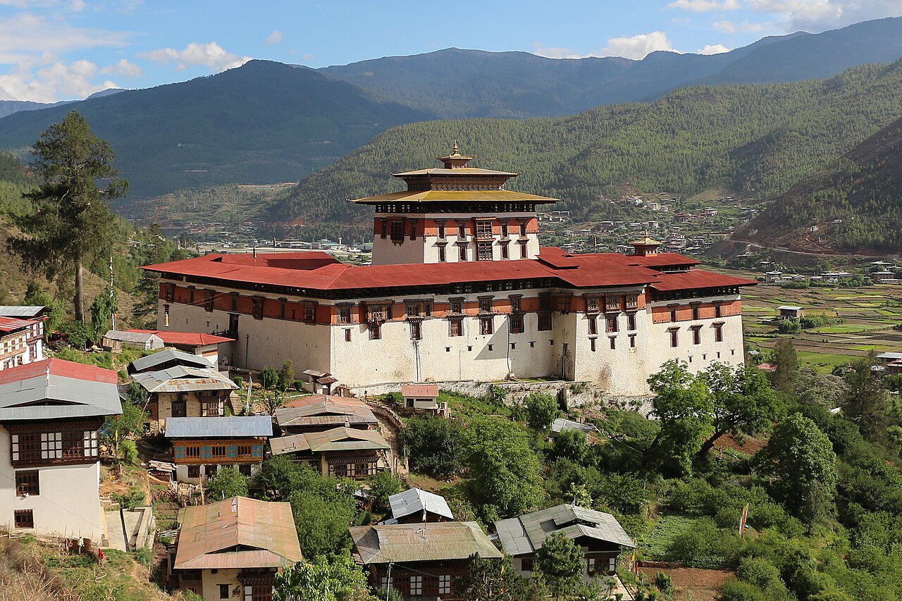 Historic Rinpung Dzong fortress and traditional Bhutanese architecture in Paro Valley